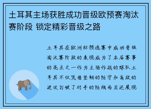 土耳其主场获胜成功晋级欧预赛淘汰赛阶段 锁定精彩晋级之路