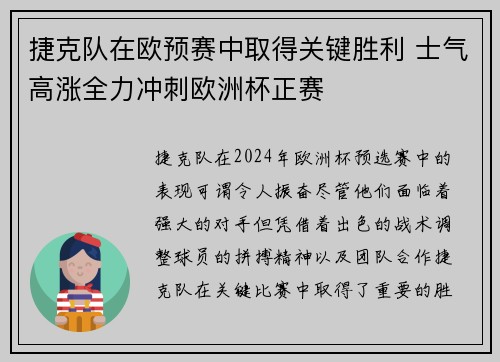 捷克队在欧预赛中取得关键胜利 士气高涨全力冲刺欧洲杯正赛