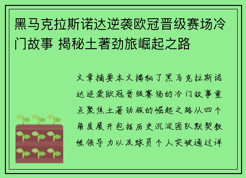 黑马克拉斯诺达逆袭欧冠晋级赛场冷门故事 揭秘土著劲旅崛起之路